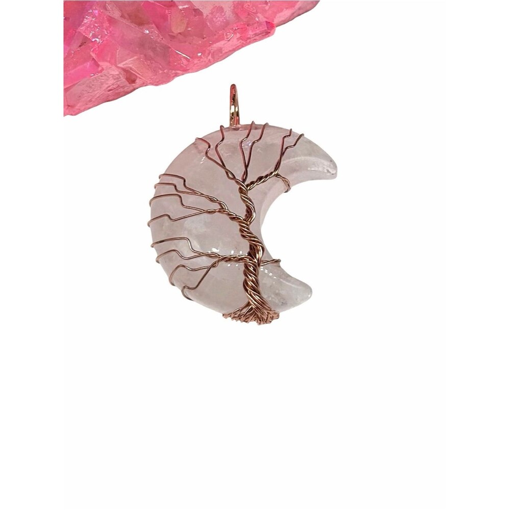 Rose Quartz Moon Necklace Pendant Tree of Life Wire Wrap Wrapped Rose Gold Tone